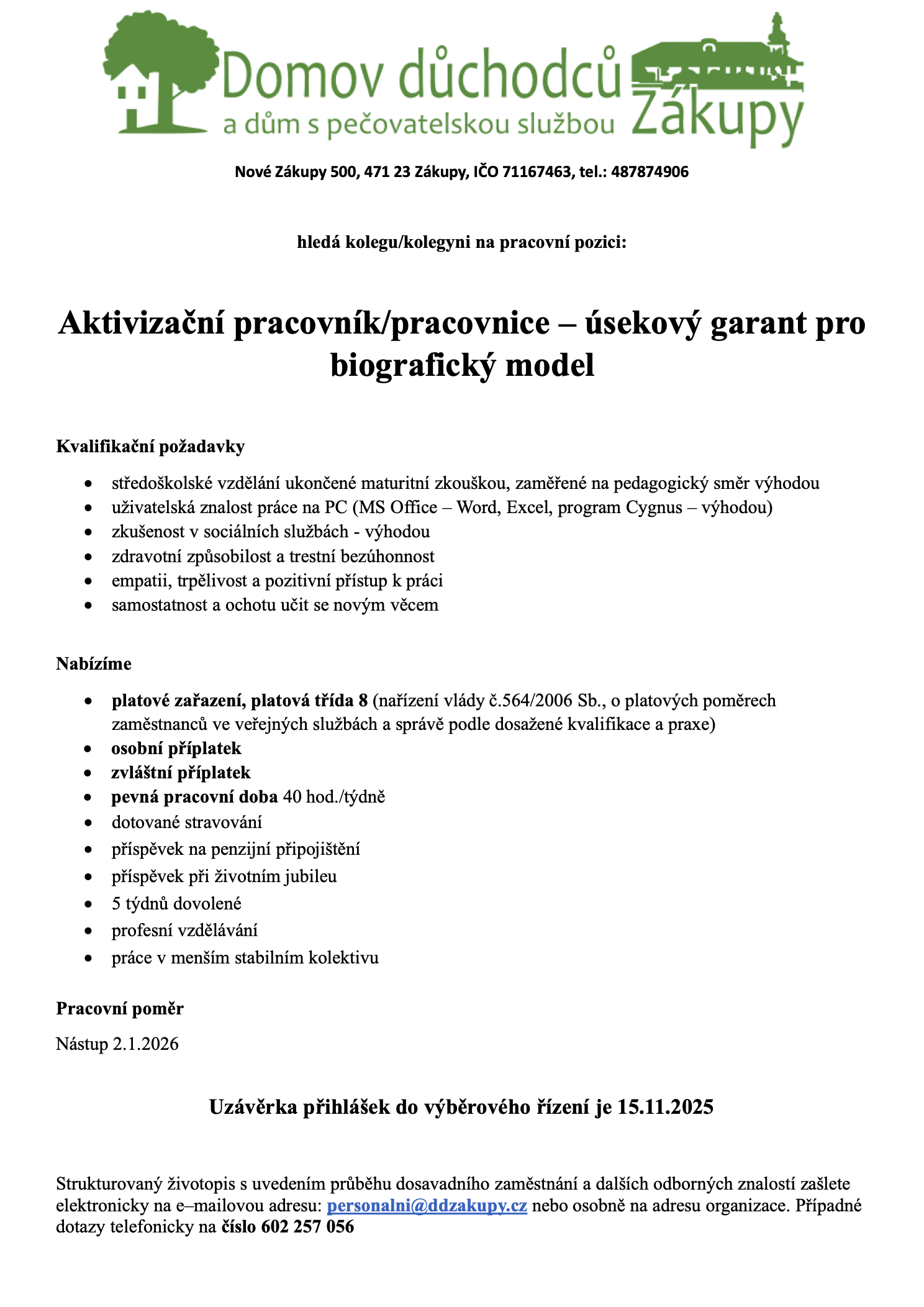 Inzerát - Aktivizační pracovník/pracovnice – úsekový garant pro biografický model